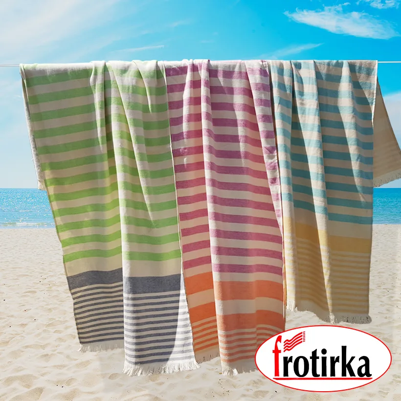 Шарени ригести плажни пешкири Фротирка за лето 2021 – зелена, розова, портокалова и сина боја, идеални за море и сончев одмор.