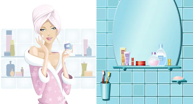 Жена во бањарка нанесува крем за лице во бања со полици и козметика – пример за предмети што не треба да се чуваат во бањата.