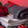 Луксузни памучни пешкири Фротирка со романтичен дизајн, црвени рози и свеќи – совршен подарок за Св. Валентин.