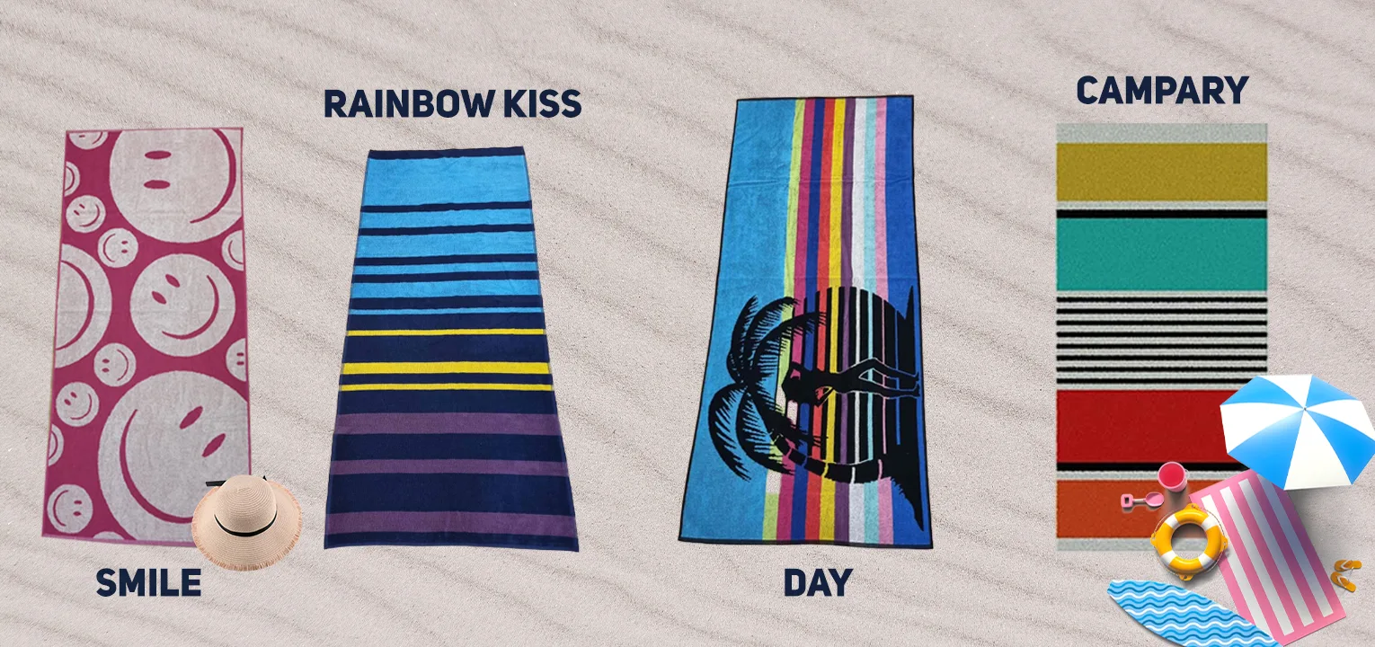 Модерни плажни крпи Smile, Rainbow Kiss, Day и Campary со шарени летни дезени – совршен избор за денови покрај вода од Фротирка.