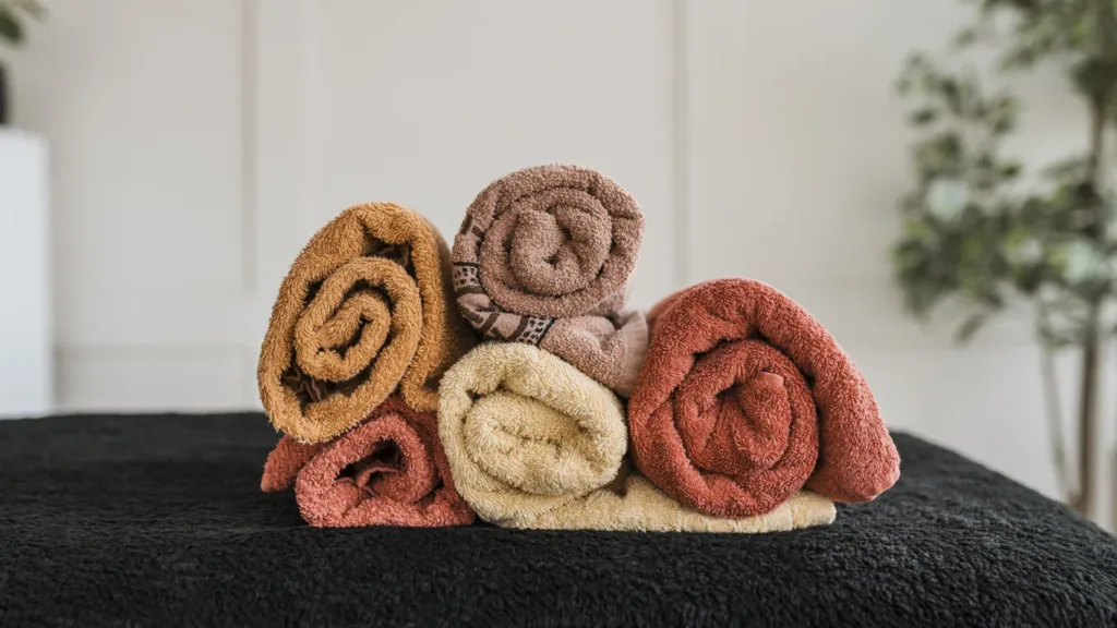 Сет од памучни пешкири во топли есенски бои уредно смотани, симбол на квалитет, удобност и практичност при избор на соодветен пешкир.