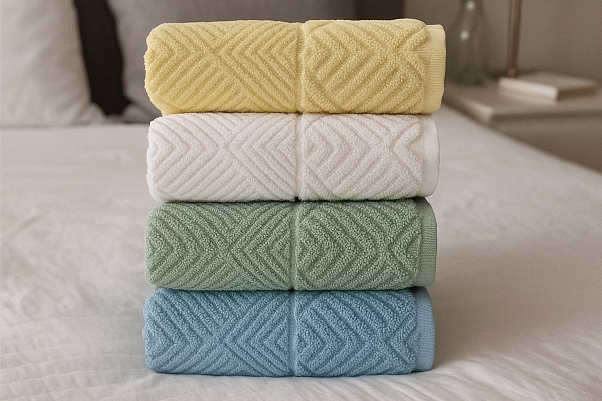 Фротирни пешкири во жолта, бела, зелена и сина боја наредени на кревет – меки, апсорбентни и издржливи, со совети за правилно перење на frotirka.mk.